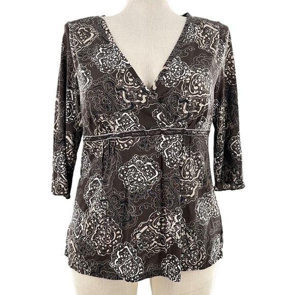 Royal Robbins womens top size XL brown white 100% organic cotton floral v-neck - Picture 1 of 10